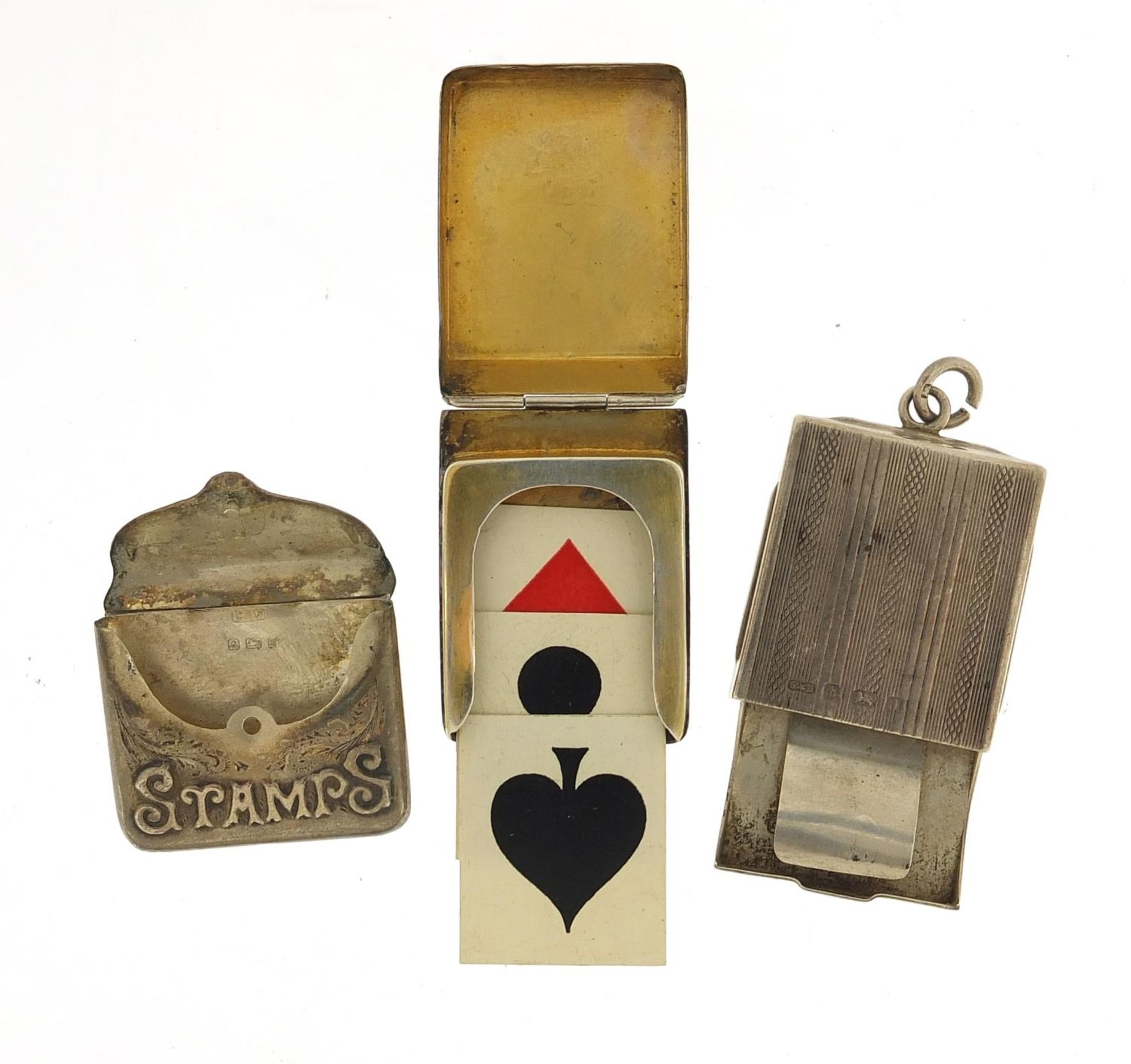 Three Victorian and later silver stamp cases and a trumps marker, various hallmarks, the largest 3. - Image 2 of 5