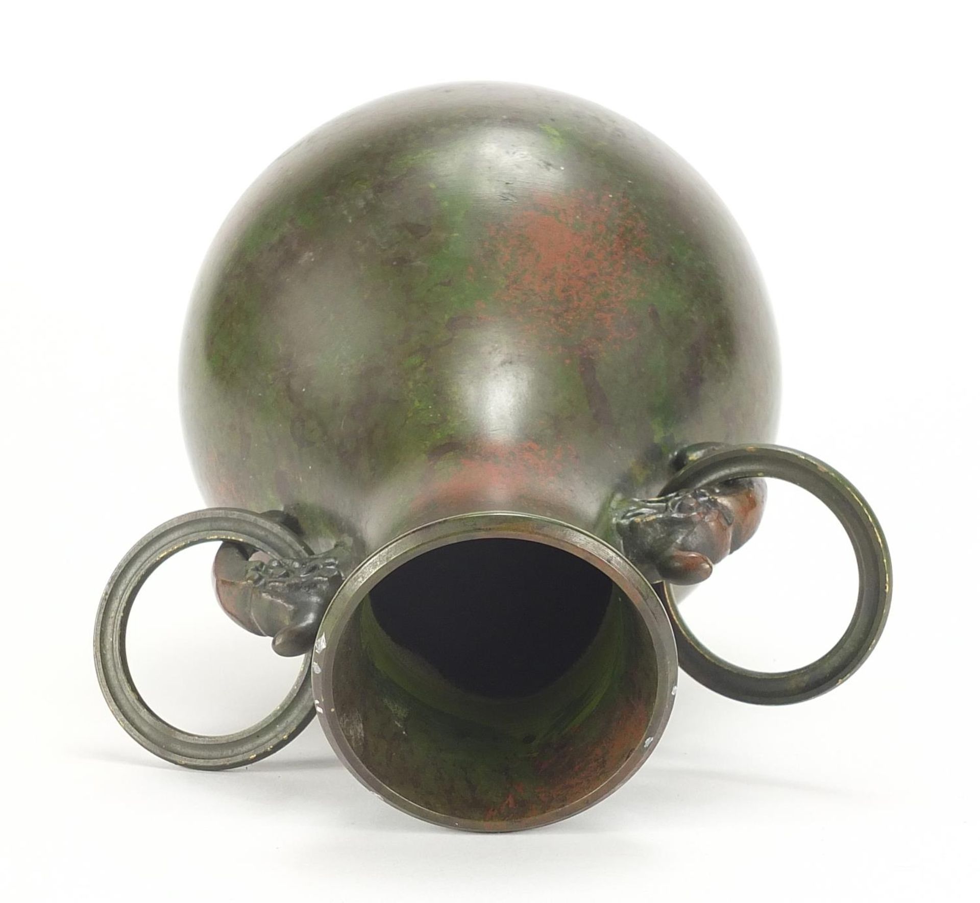 Japanese patinated bronze vase with animalia ring turned handles, impressed marks to the base, 24. - Image 5 of 8