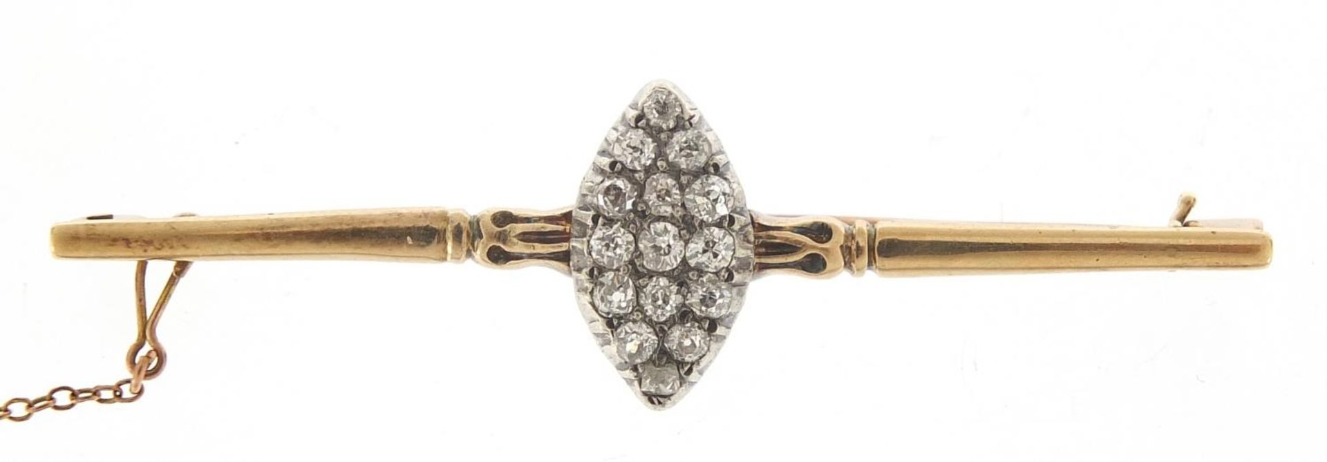 Antique unmarked gold diamond marquis cluster bar brooch, the diamonds approximately 2.2mm in