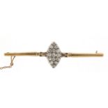 Antique unmarked gold diamond marquis cluster bar brooch, the diamonds approximately 2.2mm in