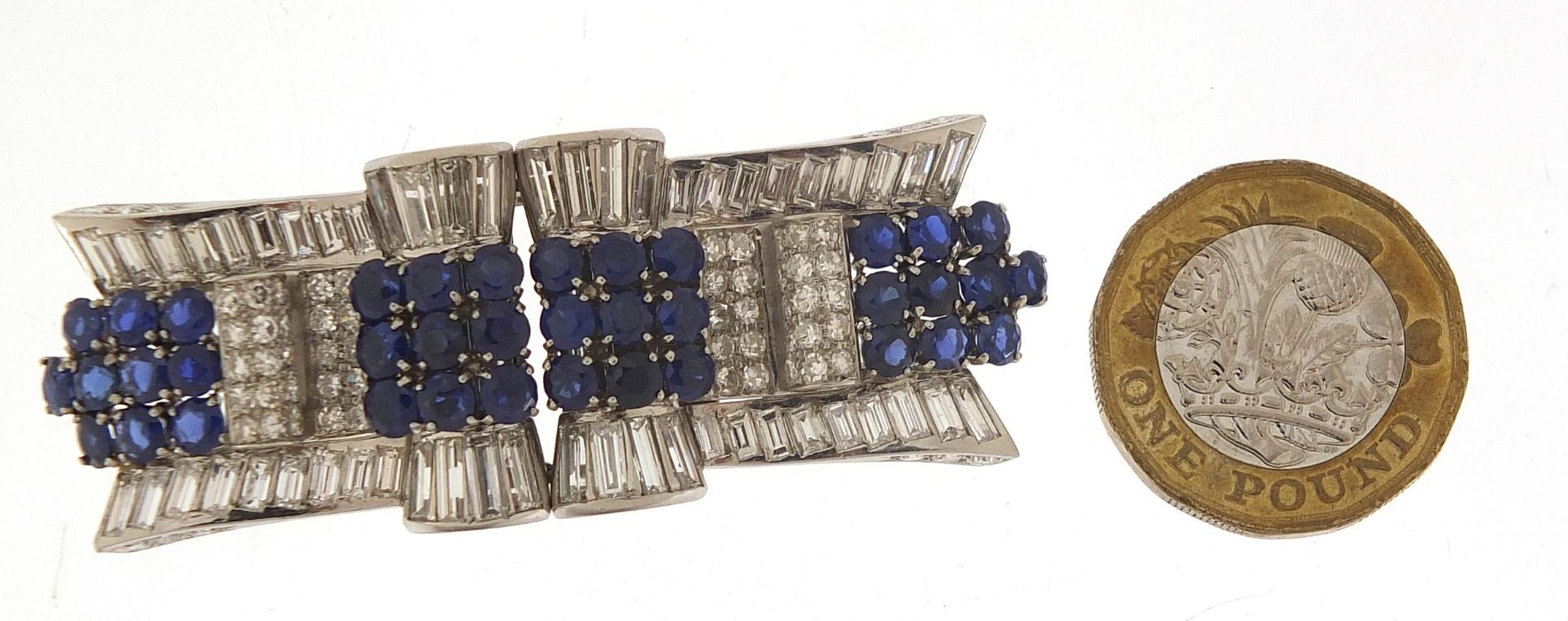 Good Art Deco diamond and sapphire three piece scarf clip brooch, A & M maker's mark, 6cm wide, 32. - Image 2 of 21