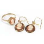 9ct gold cameo maiden head ring and a pair of gold coloured metal cameo earrings, the ring size O,