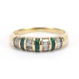 18ct gold green and clear stone half eternity ring, size V, 3.8g : For Further Condition Reports