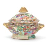 Chinese Canton porcelain sauce tureen and cover with twin handles hand painted in the famille rose