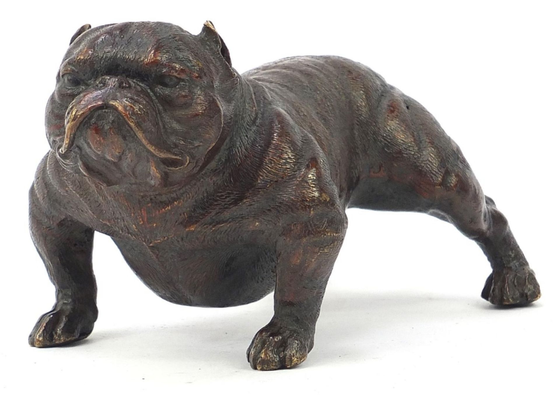 Patinated bronze British bulldog, 19cm in length : For Further Condition Reports Please Visit Our