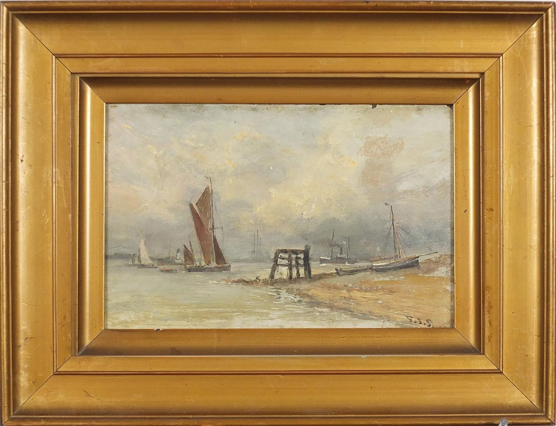 Boats on water and beach scene, pair of maritime oil on boards, each bearing an indistinct - Image 7 of 9