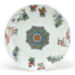 Chinese porcelain plate hand painted in the famille verte palette with flowers, Kangxi ring marks to