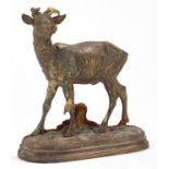 Patinated bronze deer, 16cm wide : For Further Condition Reports Please Visit Our Website -
