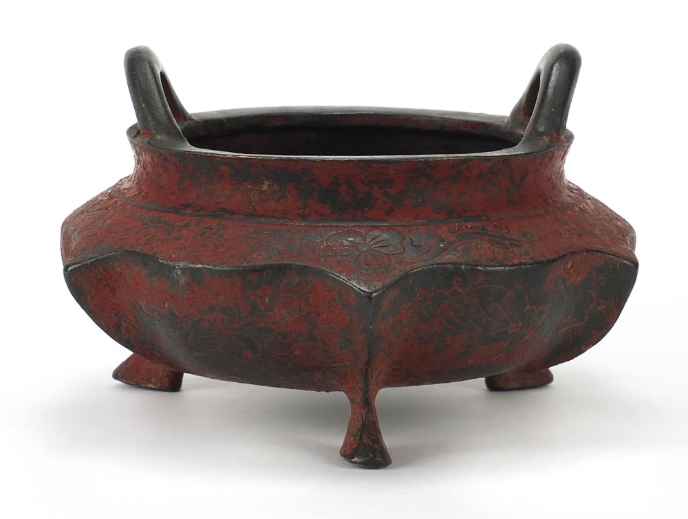 Chinese bronze tripod censer with twin handles, four figure character marks to the base, 16.5cm wide - Image 3 of 7