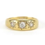 18ct gold diamond three stone Gypsy ring, size U, 5.0g : For Further Condition Reports Please