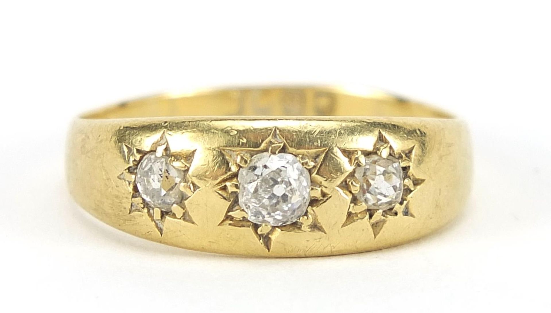 18ct gold diamond three stone Gypsy ring, size U, 5.0g : For Further Condition Reports Please