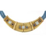 Scortecci, Italian unmarked gold and rope aquamarine and sapphire necklace, housed in a Scortecci