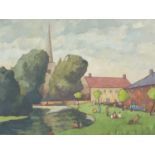 Sunday afternoon, village scene with figures, oil on board, indistinctly signed, mounted and framed,