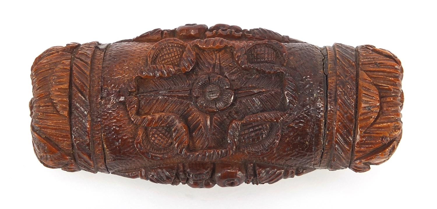 Antique coquilla nut snuff box carved with figure and dog beside a tree and an Irish rose, 10cm wide - Image 13 of 14