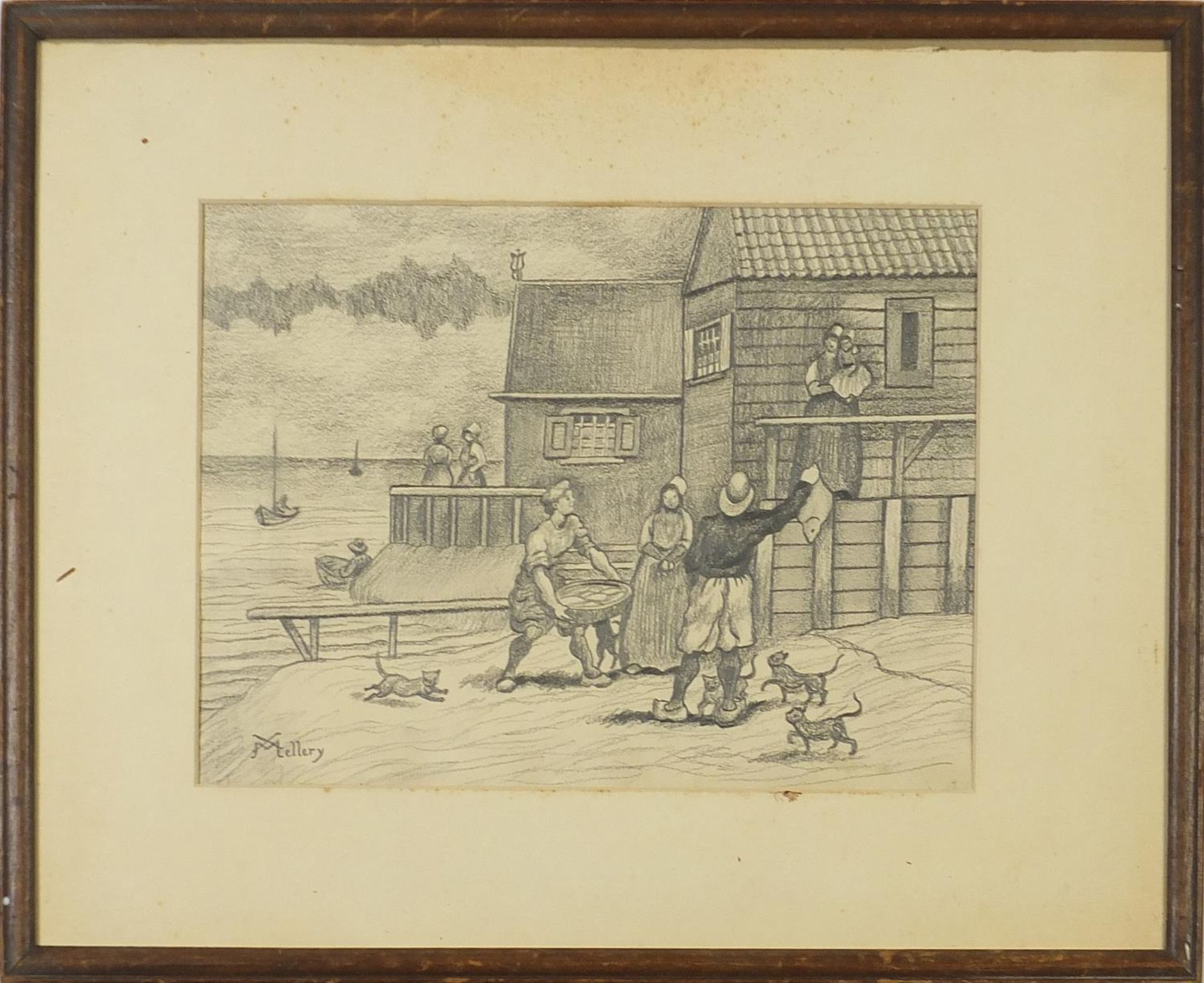 Fishermen unloading their catch, early 20th century pencil, mounted, framed and glazed, 34cm x - Image 2 of 4