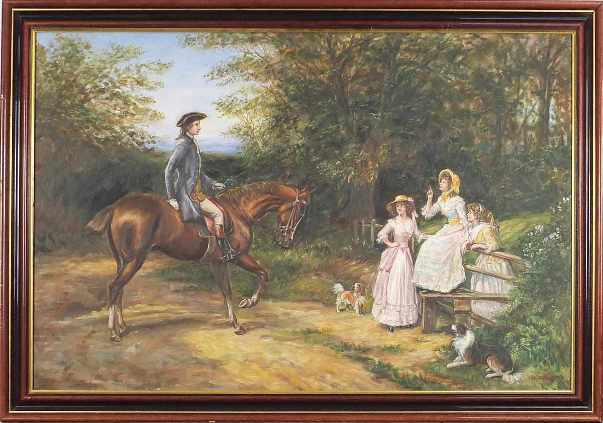 Wilder - Cavalier on horseback with three females, 19th century style oil on canvas, framed, 91cm - Bild 2 aus 4