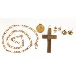 Gold coloured metal jewellery including two pairs of 9ct gold stud earrings, large cross pendant