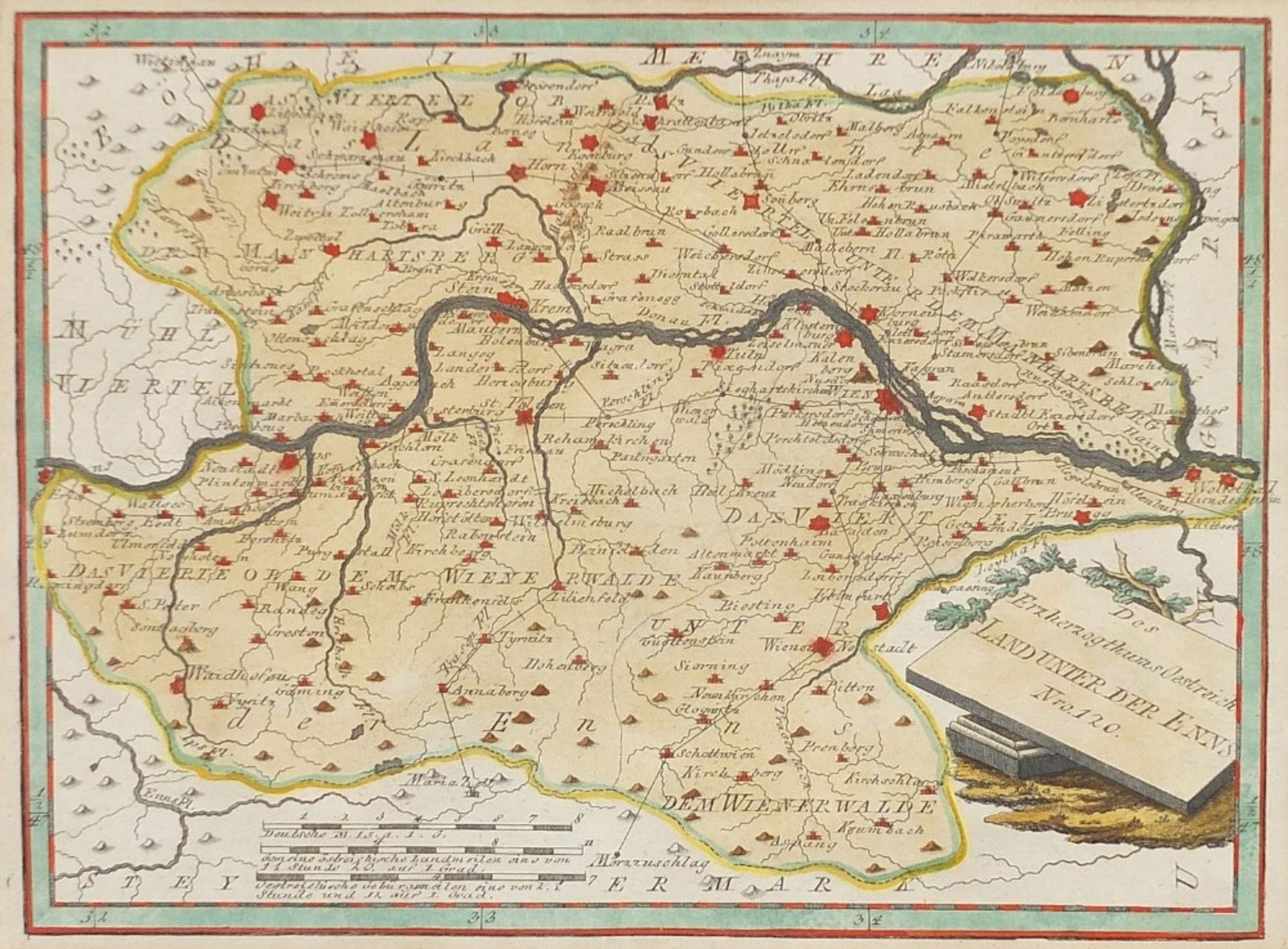 Hand coloured map of the Archduchy of Austria, mounted, framed and glazed, 29.5cm x 22.5cm : For