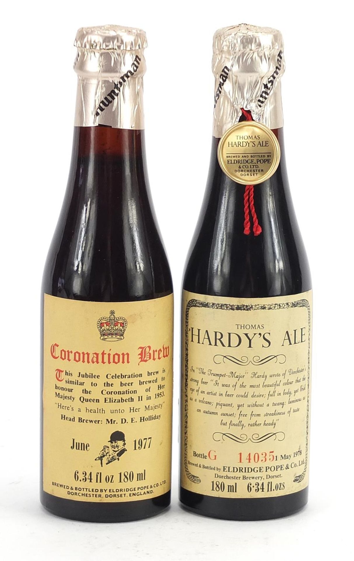 Two commemorative bottles of alcohol comprising Coronation Brew Thomas Hardy's ale : For Further