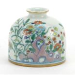 Chinese wucai porcelain water pot hand painted with flowers, six figure character marks to the base,