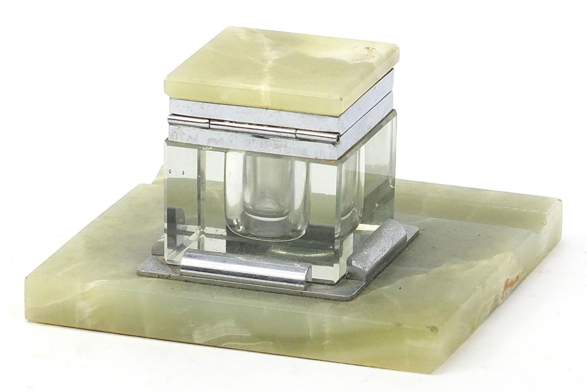 Art Deco onyx, glass and chrome inkwell with pen rest, 15cm wide : For Further Condition Reports - Image 3 of 4