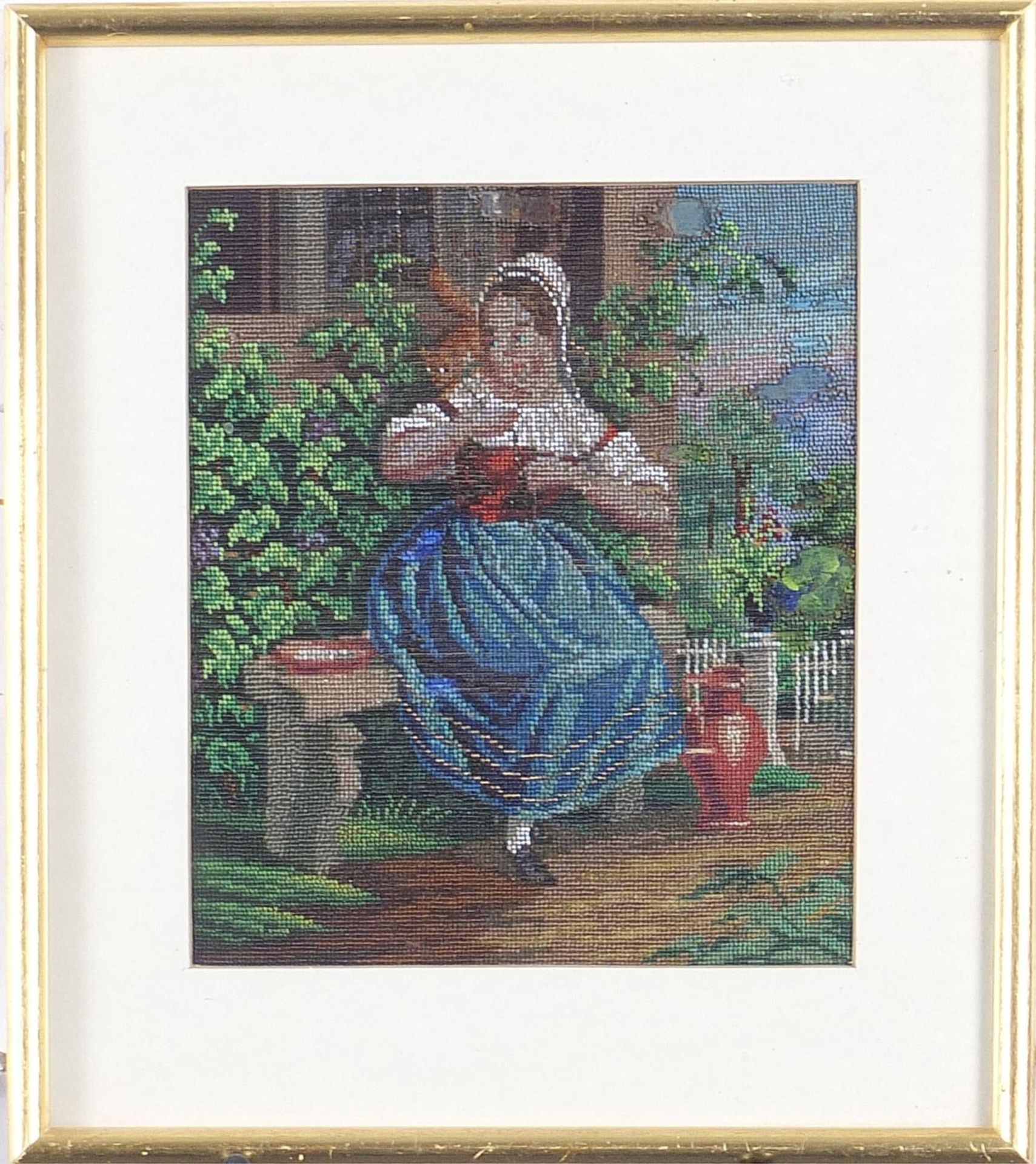Girl with cat, 19th century beadwork panel, mounted, framed and glazed, 20cm x 16.5cm excluding - Image 4 of 6