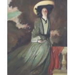 Seated lady in Edwardian dress, oil on board, mounted and framed, 73.5cm x 61cm excluding the