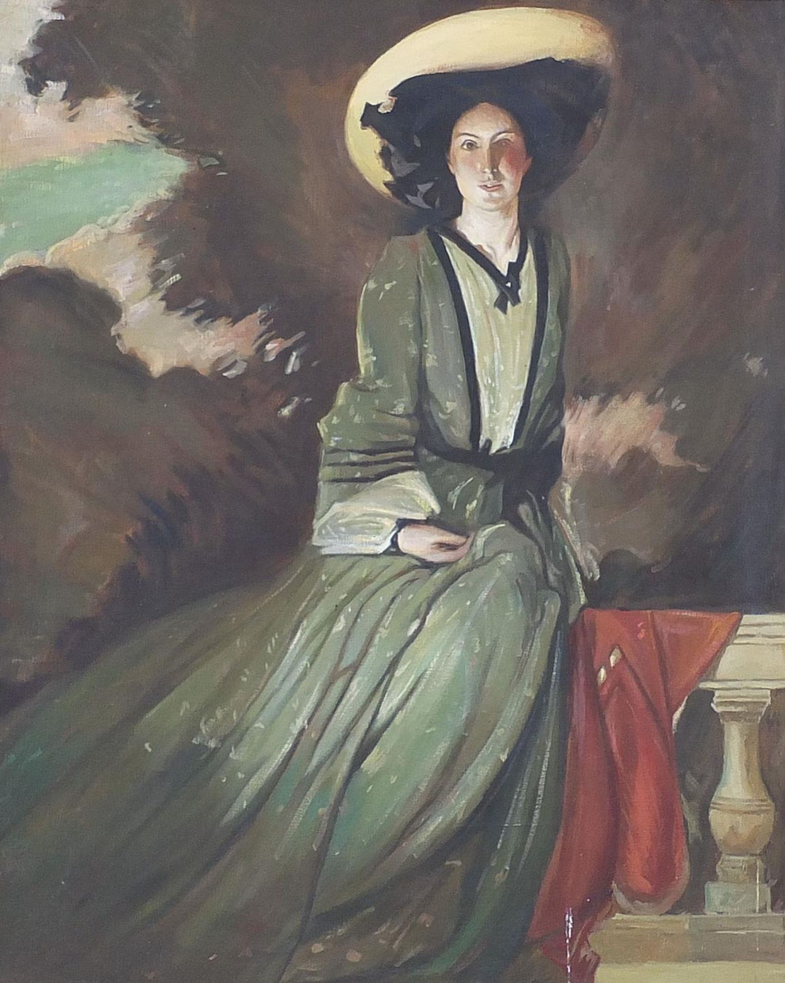 Seated lady in Edwardian dress, oil on board, mounted and framed, 73.5cm x 61cm excluding the