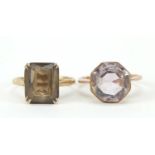 Two 9ct gold quartz rings, sizes O and P, 6.1g : For Further Condition Reports Please Visit Our