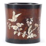 Chinese hardwood brush pot with mother of pearl inlay decorated with a bird amongst flowers and