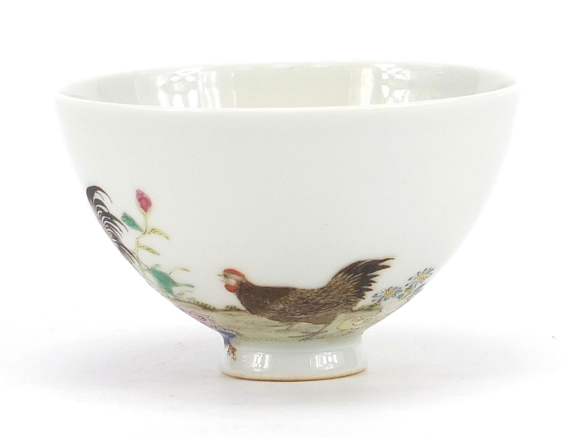 Chinese porcelain bowl finely hand painted in the famille rose palette with chickens amongst - Image 2 of 7