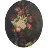 Still life flowers in a vase, Italian Old Master style oval oil on board, framed, 57.5cm x 56.5cm