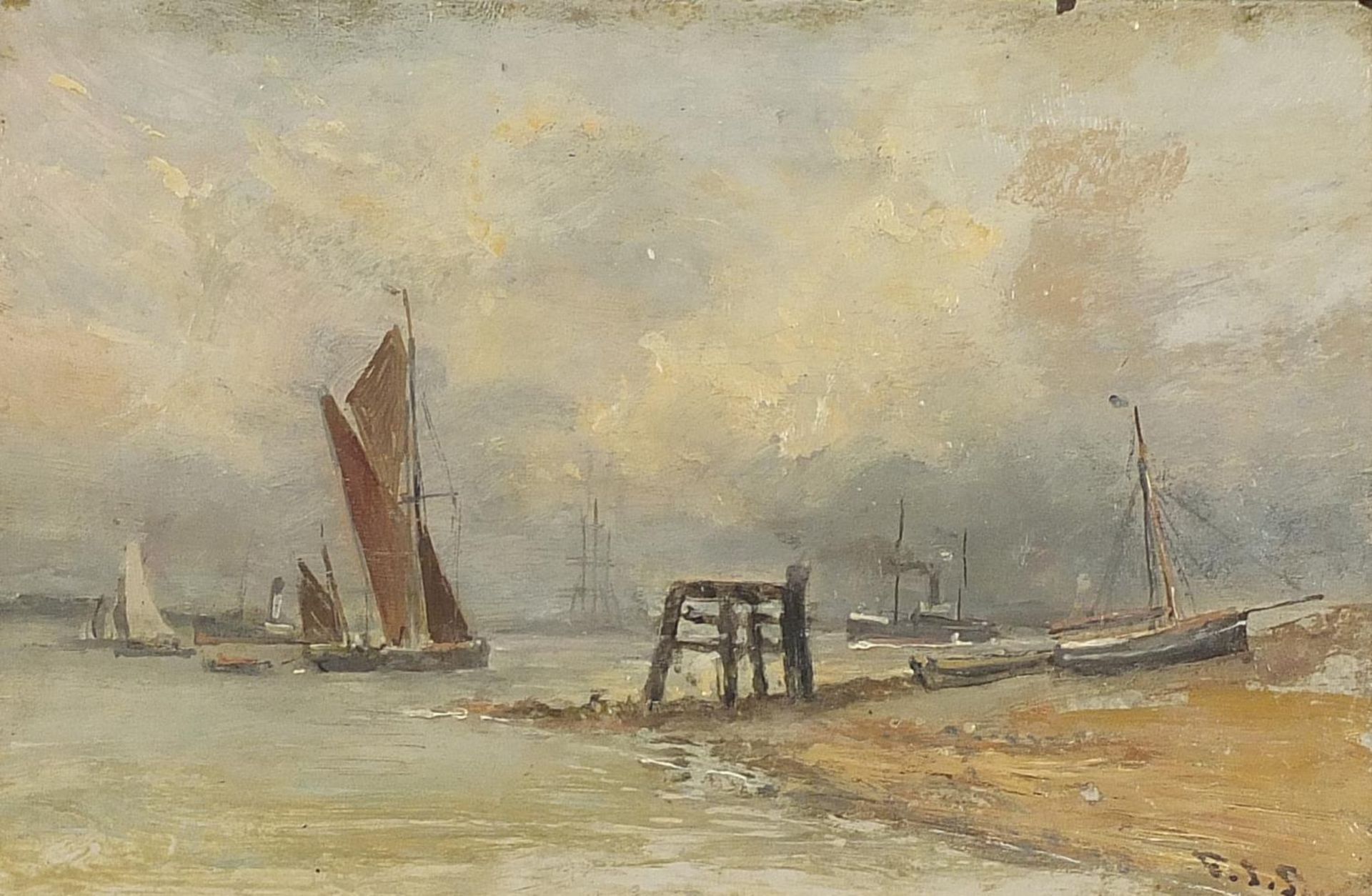 Boats on water and beach scene, pair of maritime oil on boards, each bearing an indistinct - Image 6 of 9