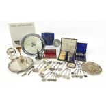 Metalware including silver plated salver, vintage and later cutlery and chain stick, the largest