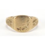 9ct gold signet ring with engraved decoration, size V, 7.0g : For Further Condition Reports Please