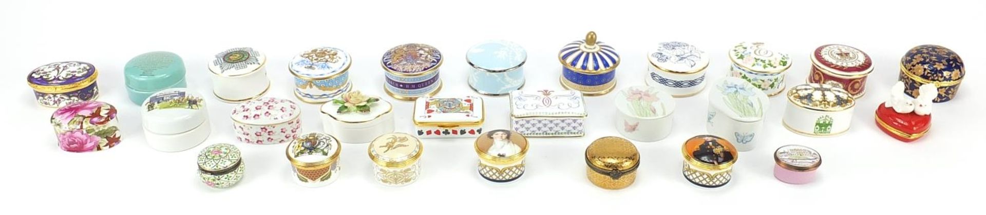 Collection of collectable porcelain and enamel trinket boxes including Halcyon Days, The Royal