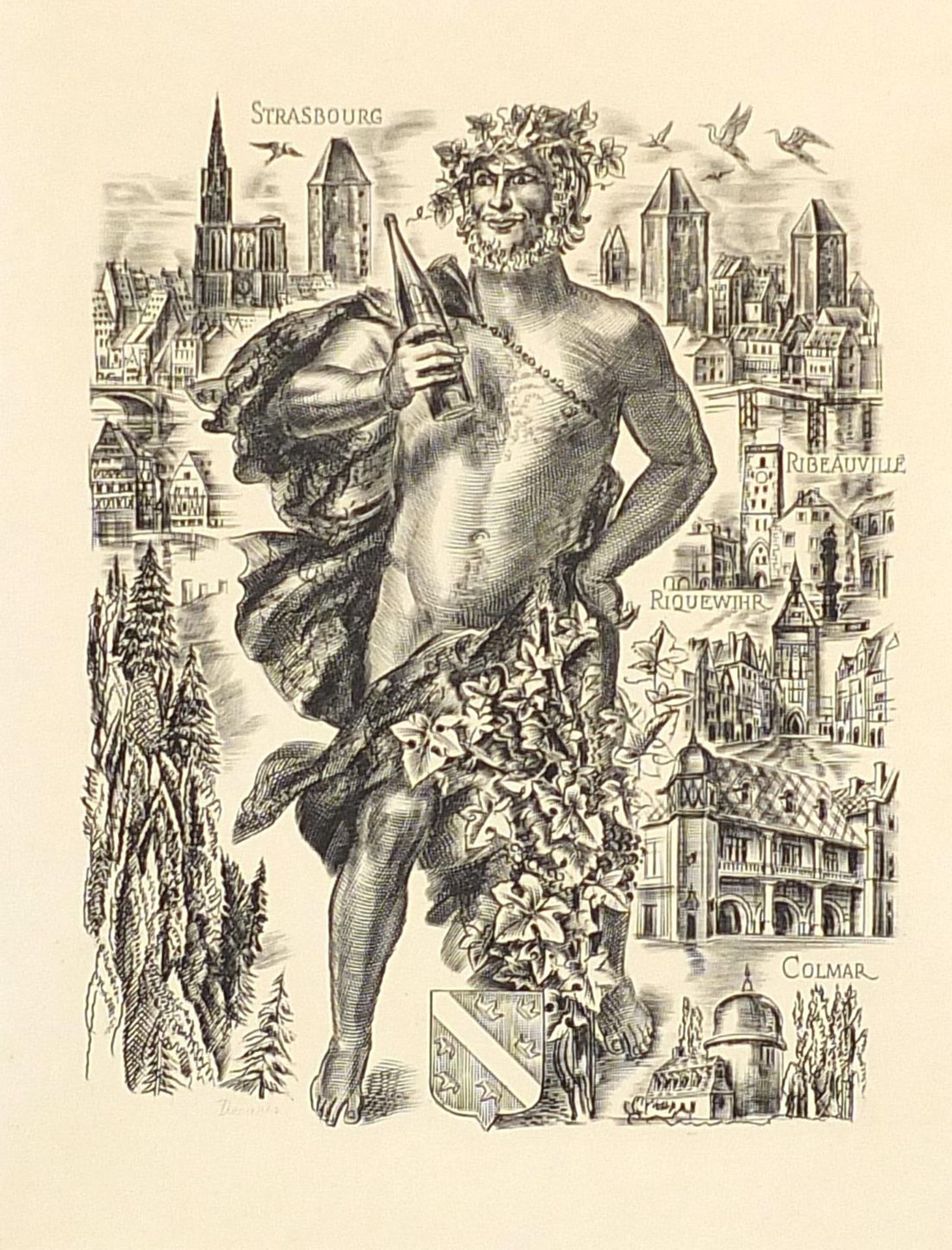 Albert Decaris - Bacchus Greek god of wine , French caricature,, signed ink and pencil on card,