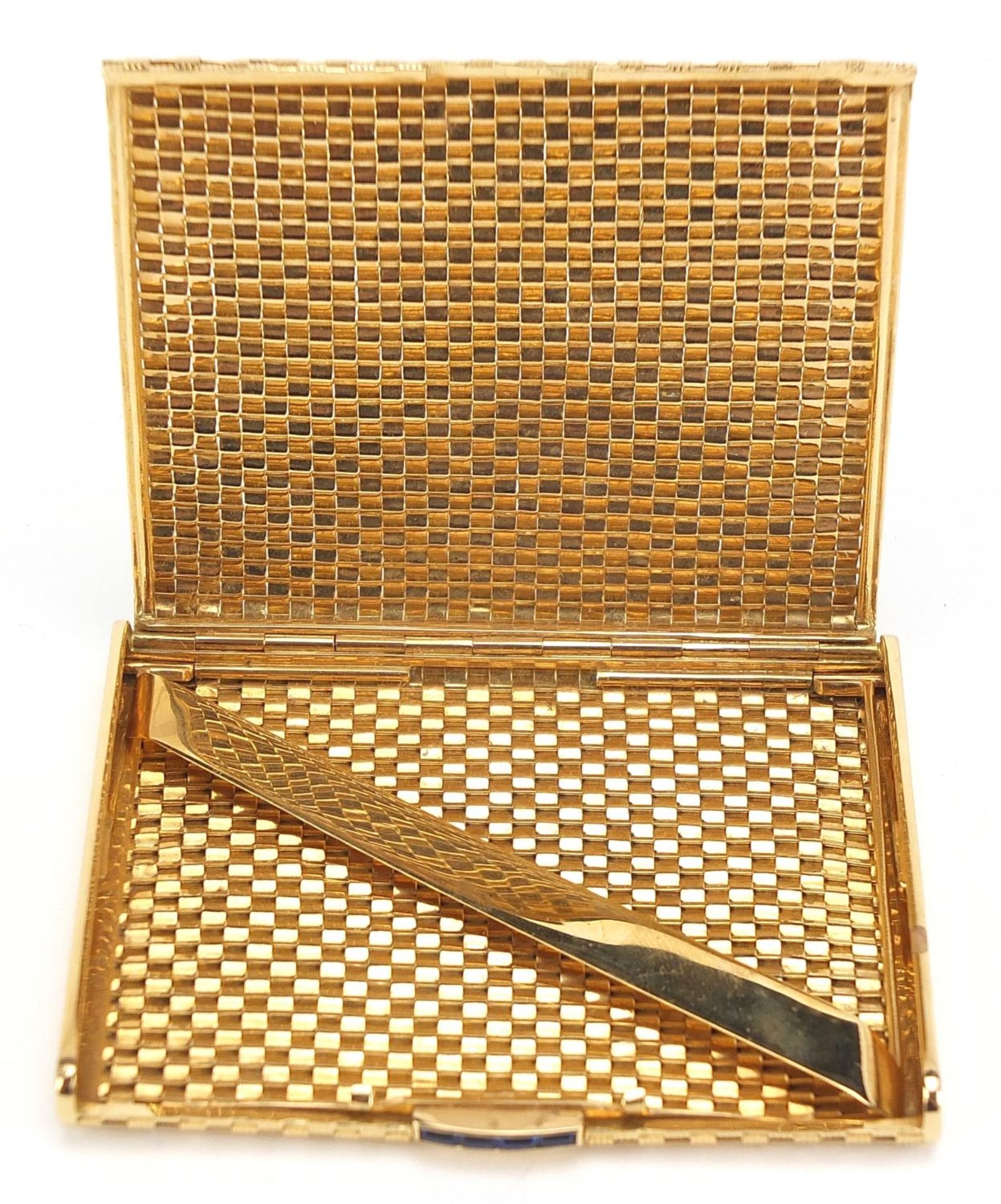 18ct gold basket weave design cigarette case with blue sapphire push button, marked 750 to the - Image 3 of 8