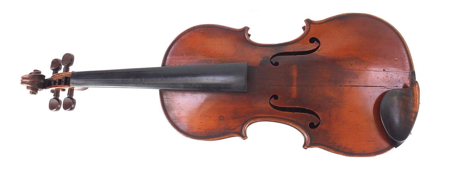 Old wooden violin with scrolled neck, the violin back 13.5 inches in length : For Further