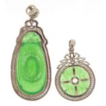 Two Chinese white metal jewelled pendants, the largest 6cm high, total 28.0g : For Further Condition