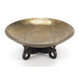 Large Chinese bronze dragon charger on a hardwood stand, the charger, 40.5cm in diameter : For