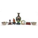 Chinese items including a carved cinnabar lacquer box, cloisonne baluster vase and two hardwood