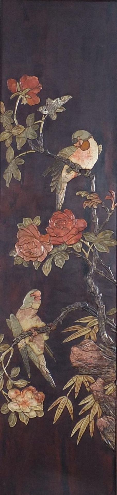 Birds of Paradise amongst flowers and bamboo grove, set of four Chinese hardwood panels with - Image 5 of 13