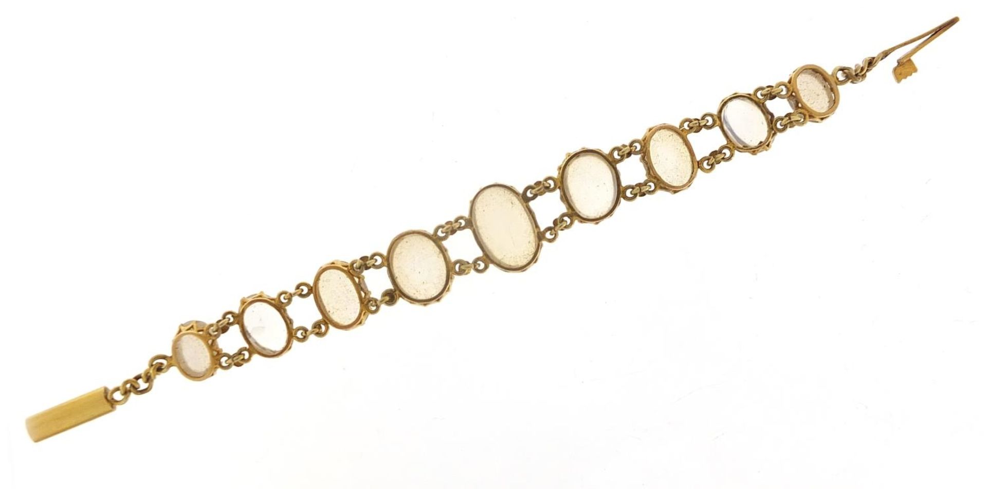 Antique unmarked gold graduated cabochon moonstone bracelet, 13cm in length, 7.6g : For Further - Image 4 of 4