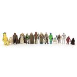 Fifteen vintage Star Wars action figures with accessories including R5-D4, Amanaman, Jawa and
