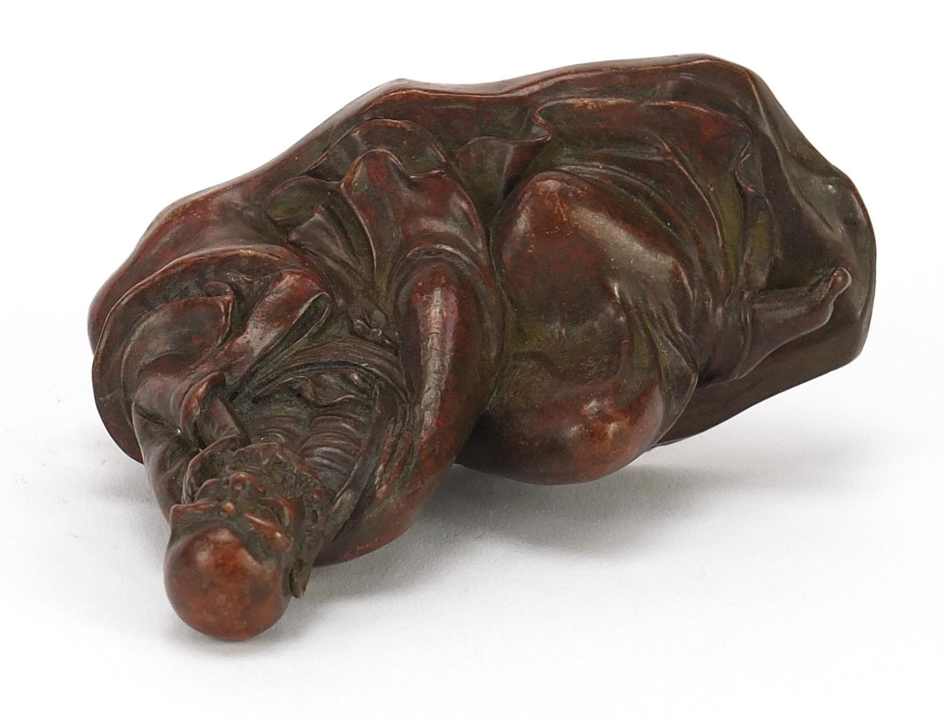 Japanese patinated bronze figure of an immortal, character marks to the base, 8cm wide : For Further - Image 6 of 8