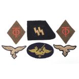Six German military interest cloth insignia badges comprising SS Panzer collar fragment, two