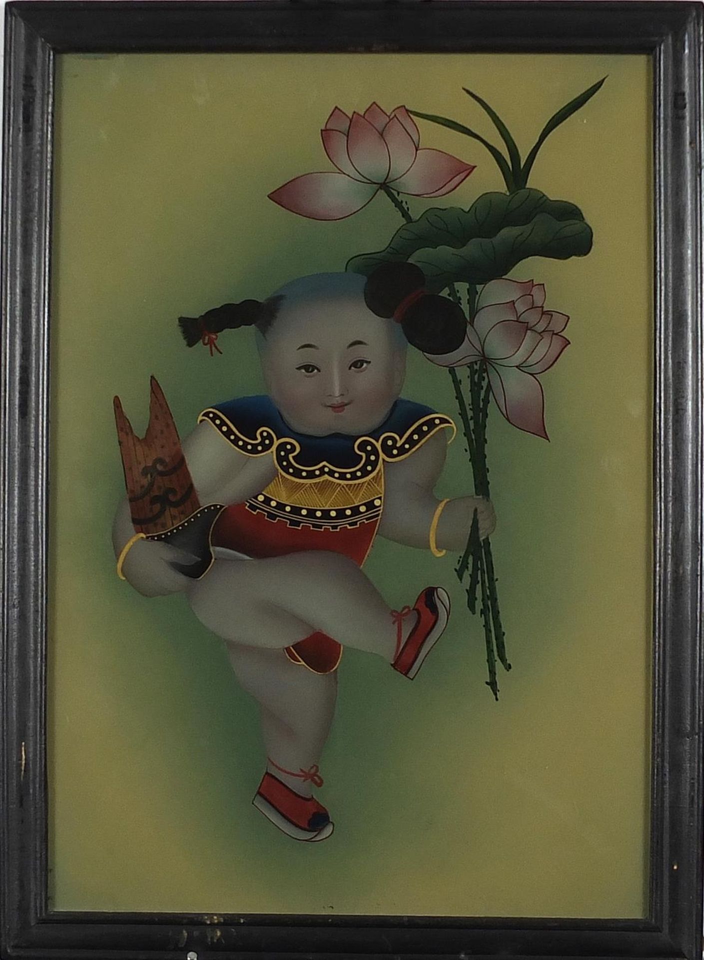 Chinese glass panel reverse painted with a child holding flowers, framed, 48.5cm x 33.5cm - Image 2 of 3