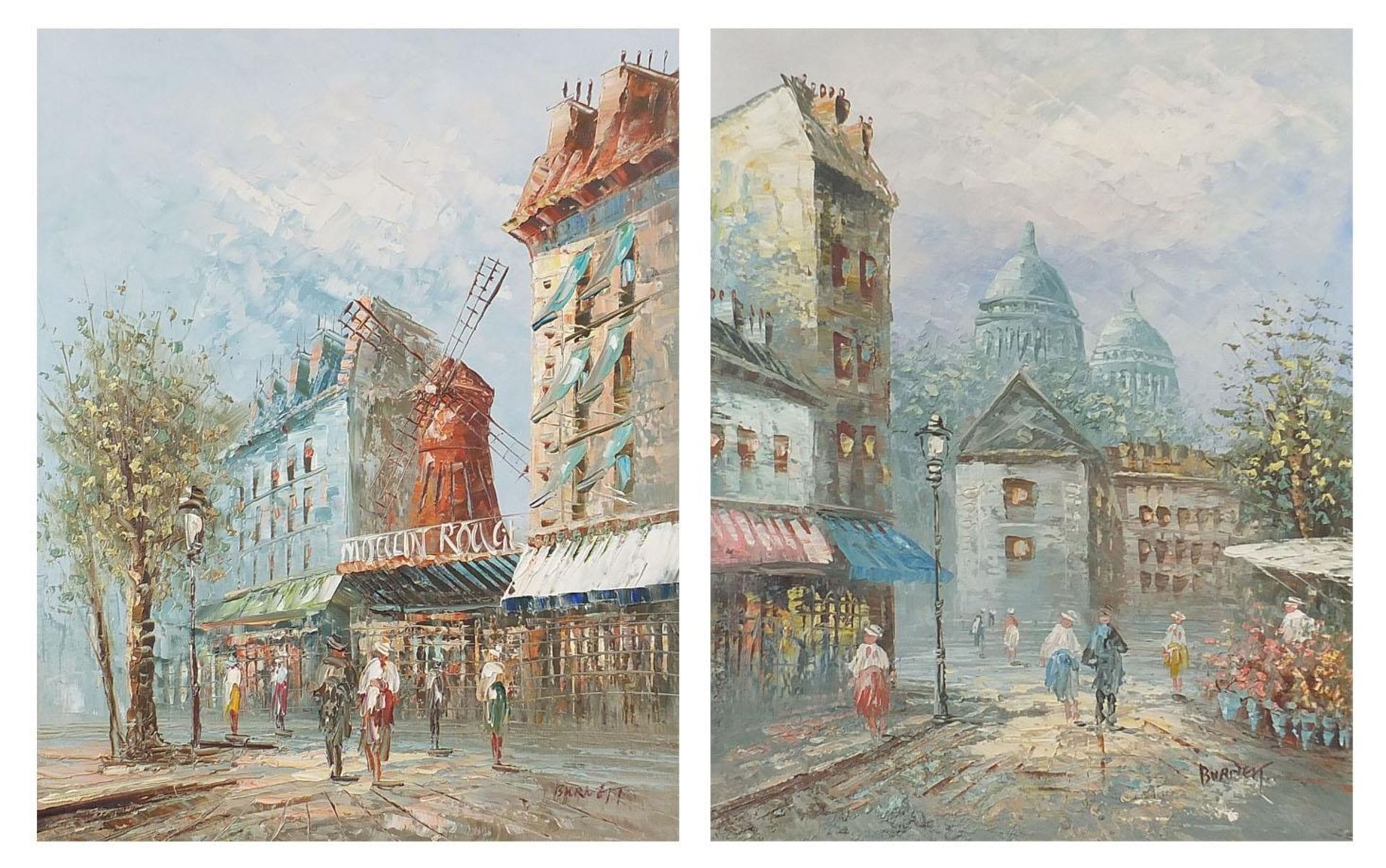 Burnett - Parisian street scenes with figures, pair of Impressionist oil on canvasses, mounted and