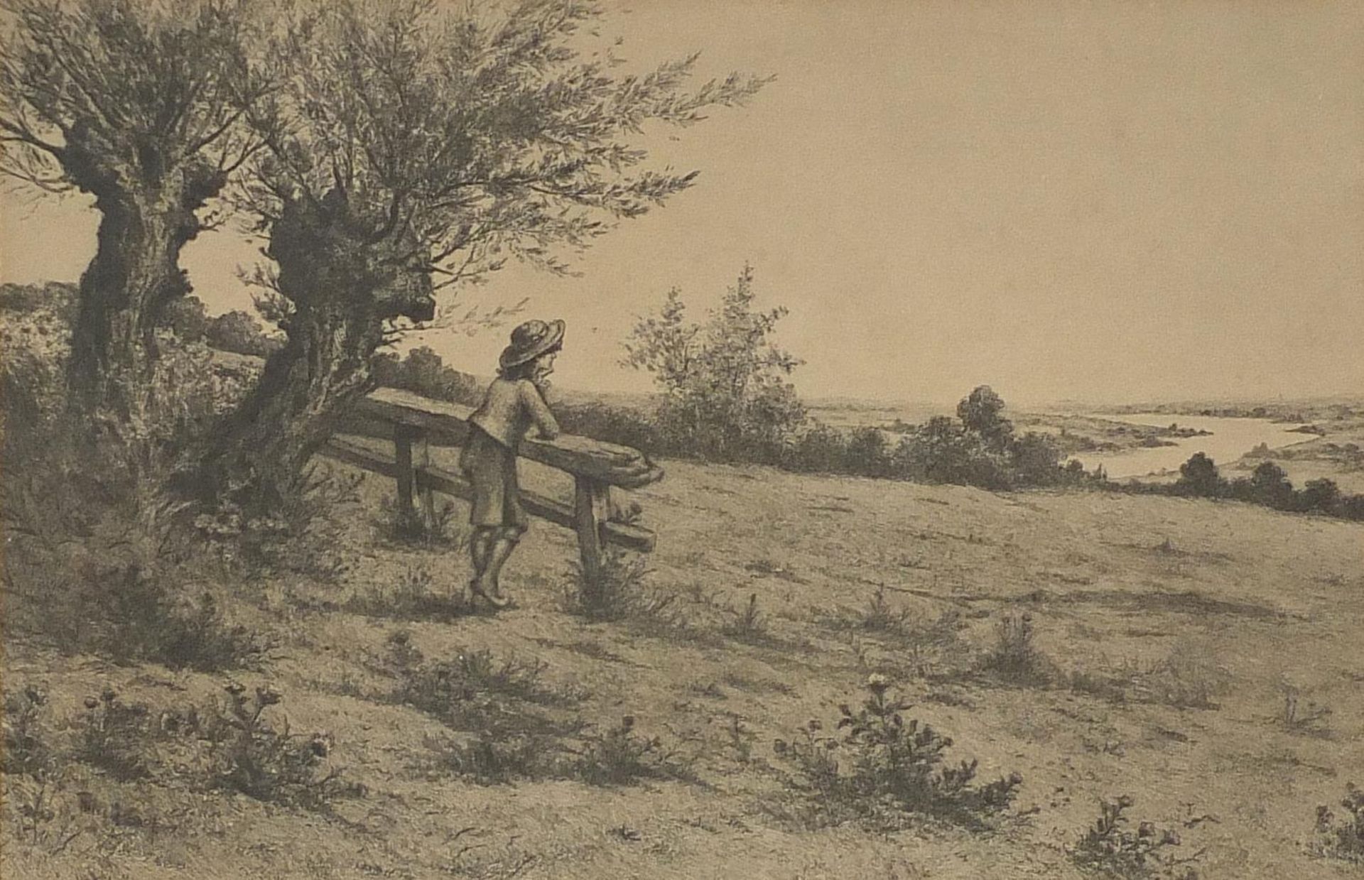 Girl looking over a river valley, early 20th century pencil, mounted, framed and glazed, 28cm x 18cm